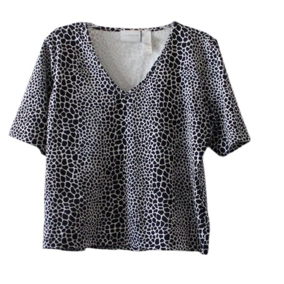 Liz Claiborne Black and White Animal Print Stretch V-Neck T Shirt Woman's Large - Picture 1 of 3
